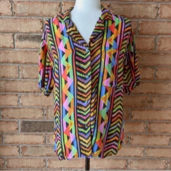 Vintage 100% silk Galinda retro neon short sleeve button down shirt - Picture 1 of 6